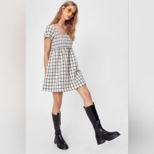 Nasty Gal Check Print Tie Square Neck Mini Smock Dress